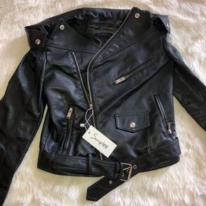 Leather off shoulder jacket